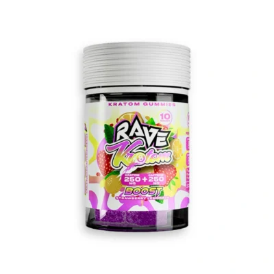 Rave Kratom Boost 25mg Kratom Extract + Caffeine Strawberry Lemonade Gummies 10ct